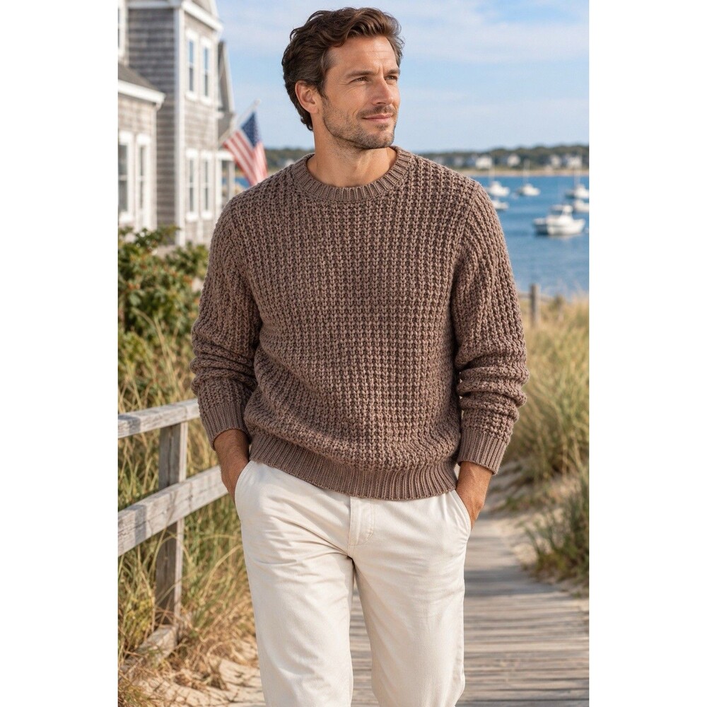 AllSaints Ren Crew Sweater Large Brown Chunky Knit Fisherman Cotton Pullover Top